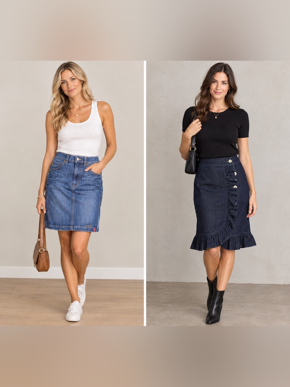 Two-For-One - Denim Skirts - One Ruffle-Trim Dark Blue, One Side-Slit Faded Blue